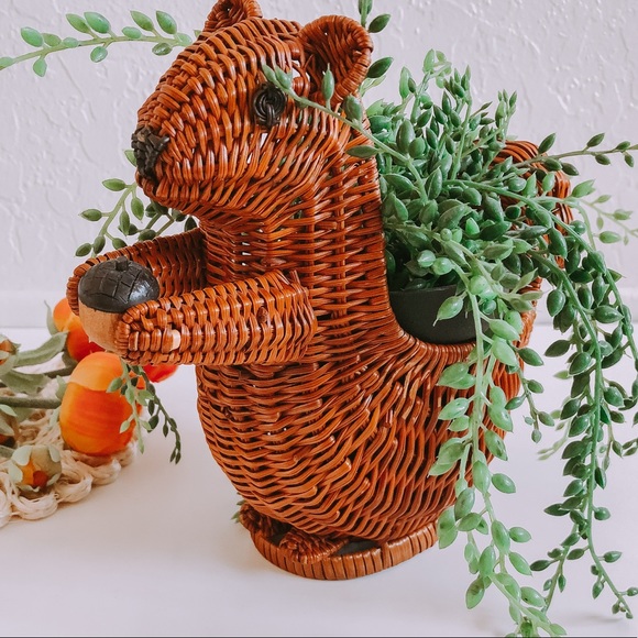 Vintage wicker squirrel basket plant holder